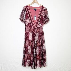 Marchesa Notte multicolor, chiffon pattern, wrap, pleated midi dress